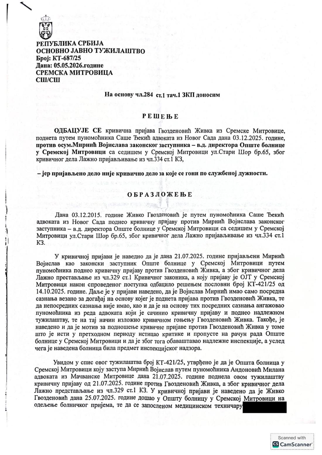 Prva strana rešenja Osnovnog javnog tužilaštva kojim se odbacuje moja krivična prijava, od 5. maja 2026.